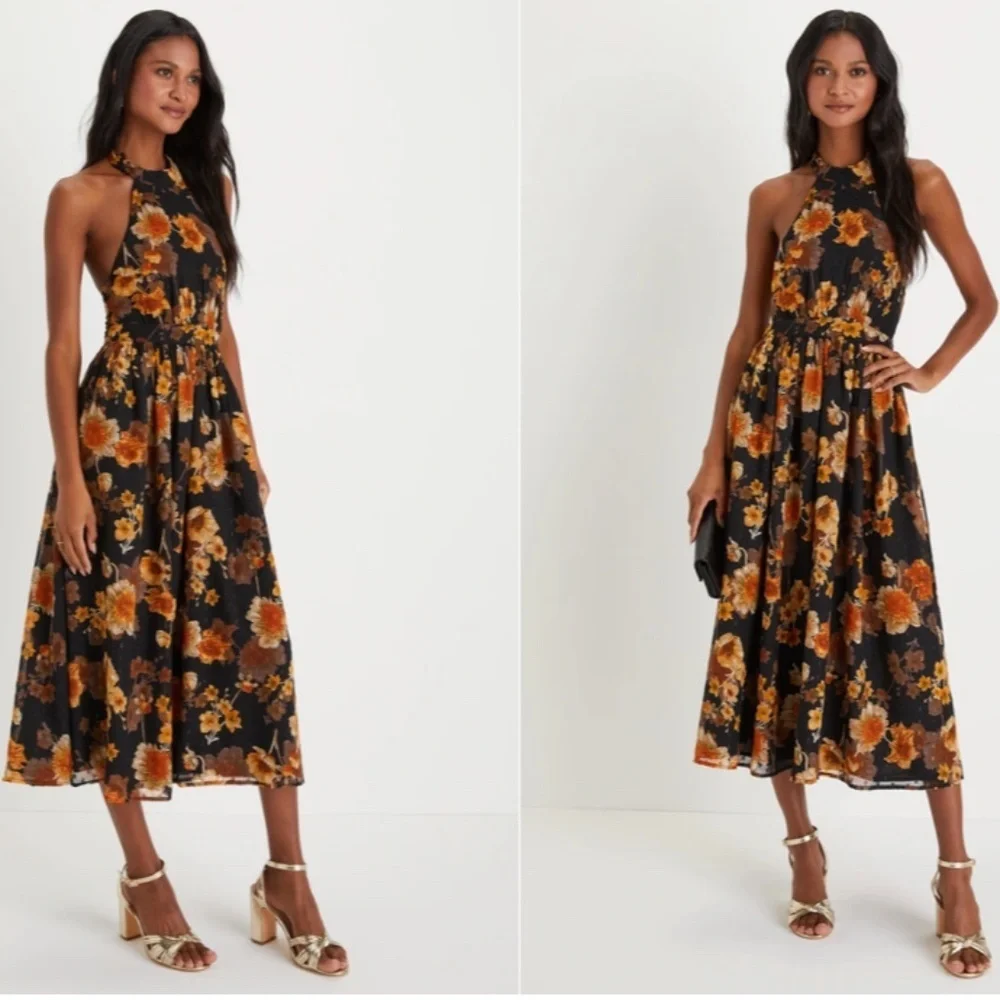 LULU's Floral Sexy Flowy Special Event Prom Wedding Elegant Midi Dress - Picture 3 of 5